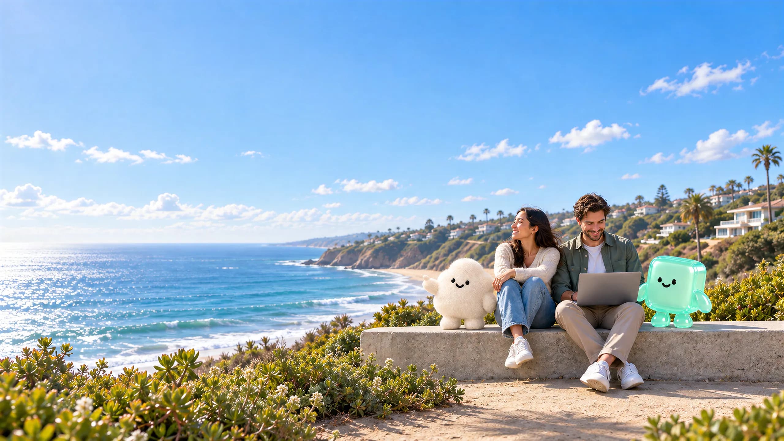 Two people relaxing above the coast with Wisp and Kit, their Meevo companions.