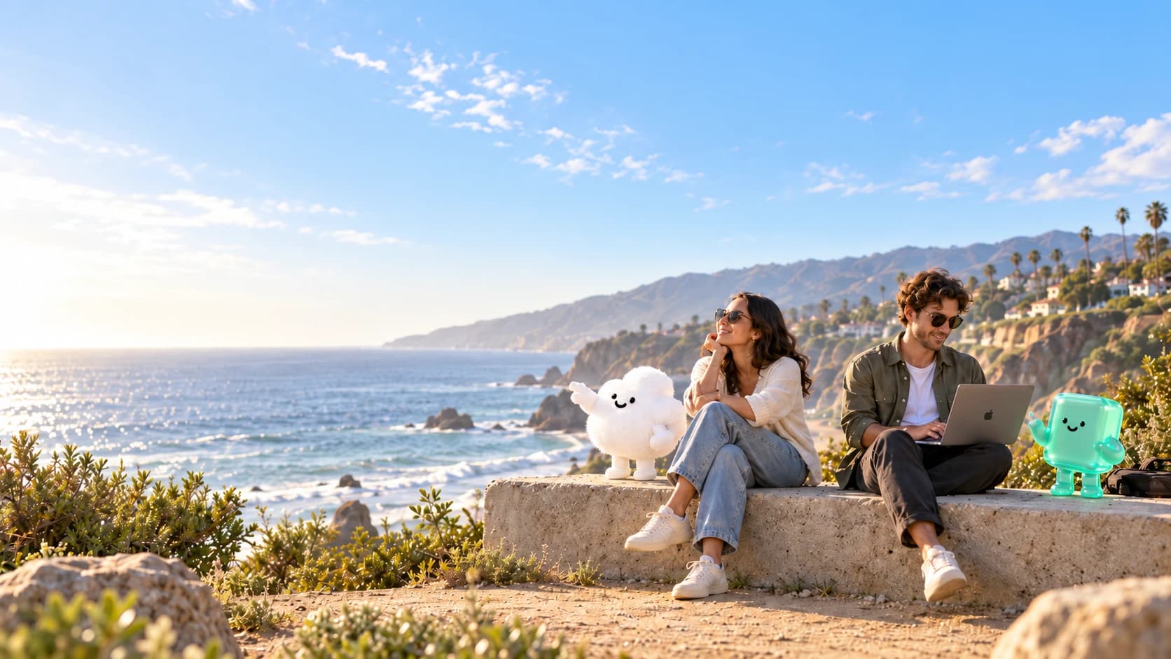 Two people relaxing above the coast with Wisp and Kit, their Meevo companions.