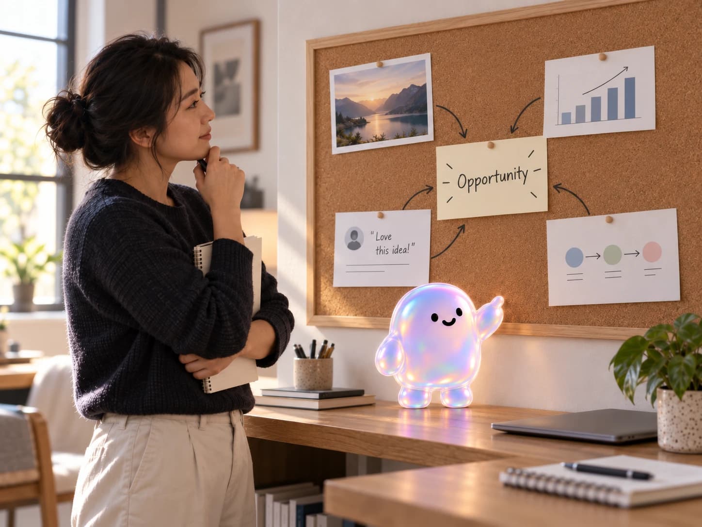 An iridescent assistant beside a creator developing ideas on a pinboard.