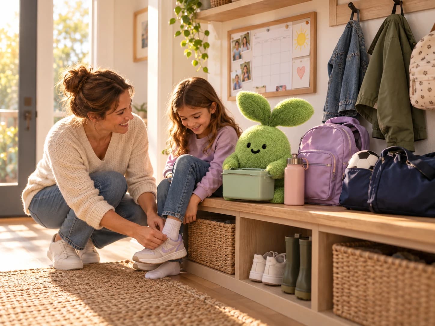 Sprig helping a parent and child get ready for the school day.