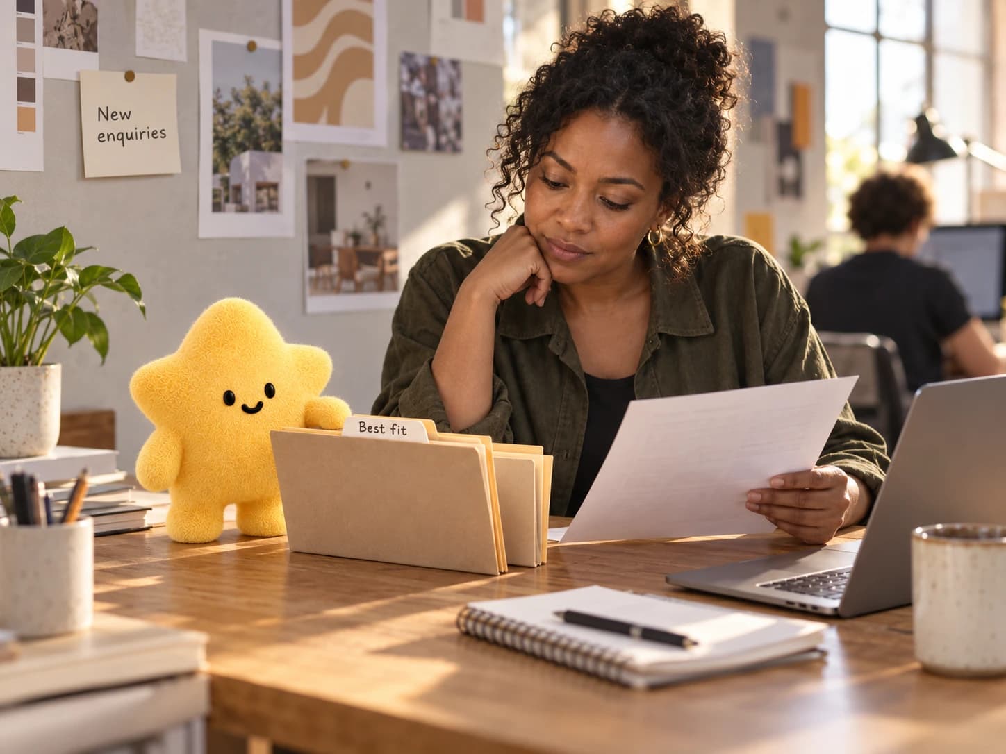 A star-shaped assistant helping an agency owner review a new enquiry.